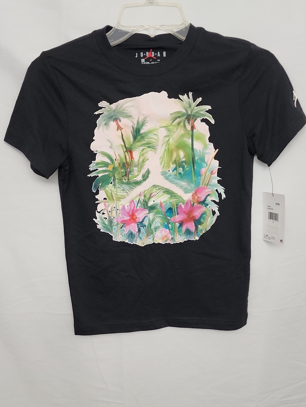Jordan Black Tee with Pink & Green Tropical Print Boys Small (8-10 Years) New